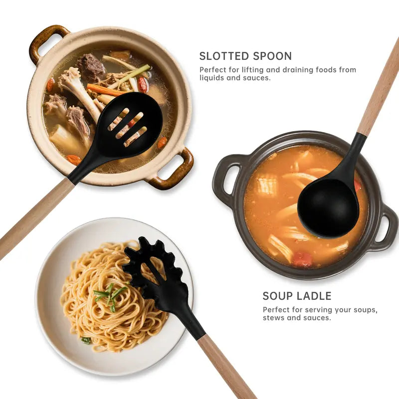Silicone Cooking Utensils Set 10-Piece | Heat-Resistant, Non-Scratch, BPA-Free | Wood Handle