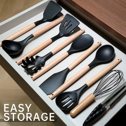 Silicone Cooking Utensils Set 10-Piece | Heat-Resistant, Non-Scratch, BPA-Free | Wood Handle