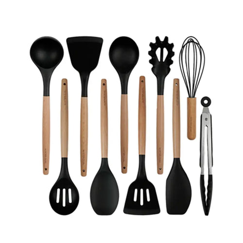 Silicone Cooking Utensils Set 10-Piece | Heat-Resistant, Non-Scratch, BPA-Free | Wood Handle