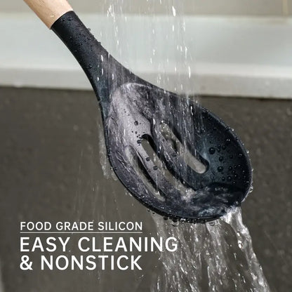 Silicone Cooking Utensils Set 10-Piece | Heat-Resistant, Non-Scratch, BPA-Free | Wood Handle