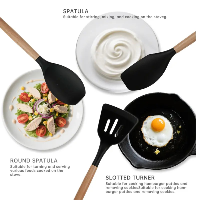 Silicone Cooking Utensils Set 10-Piece | Heat-Resistant, Non-Scratch, BPA-Free | Wood Handle