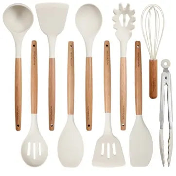 Silicone Cooking Utensils Set 10-Piece | Heat-Resistant, Non-Scratch, BPA-Free | Wood Handle