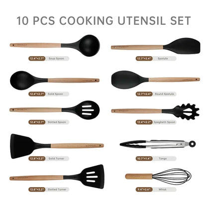 Silicone Cooking Utensils Set 10-Piece | Heat-Resistant, Non-Scratch, BPA-Free | Wood Handle